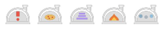 A row of five pizza-oven icons in a menu bar: a red exclamation mark (blocked, waiting on you), a golden pizza (finished and unreviewed), violet bars drawing inward (compacting), an orange flame (cooking), and three blue dots (a backgrounded command still running).
